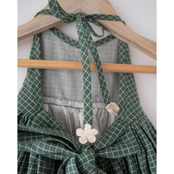 Love The World Today Bloom Handmade Green Checkered Halter Neck Girls Dress