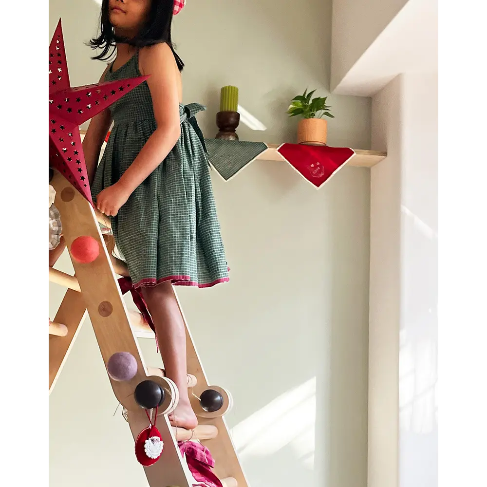 Love The World Today Bloom Handmade Green Checkered Halter Neck Girls Dress