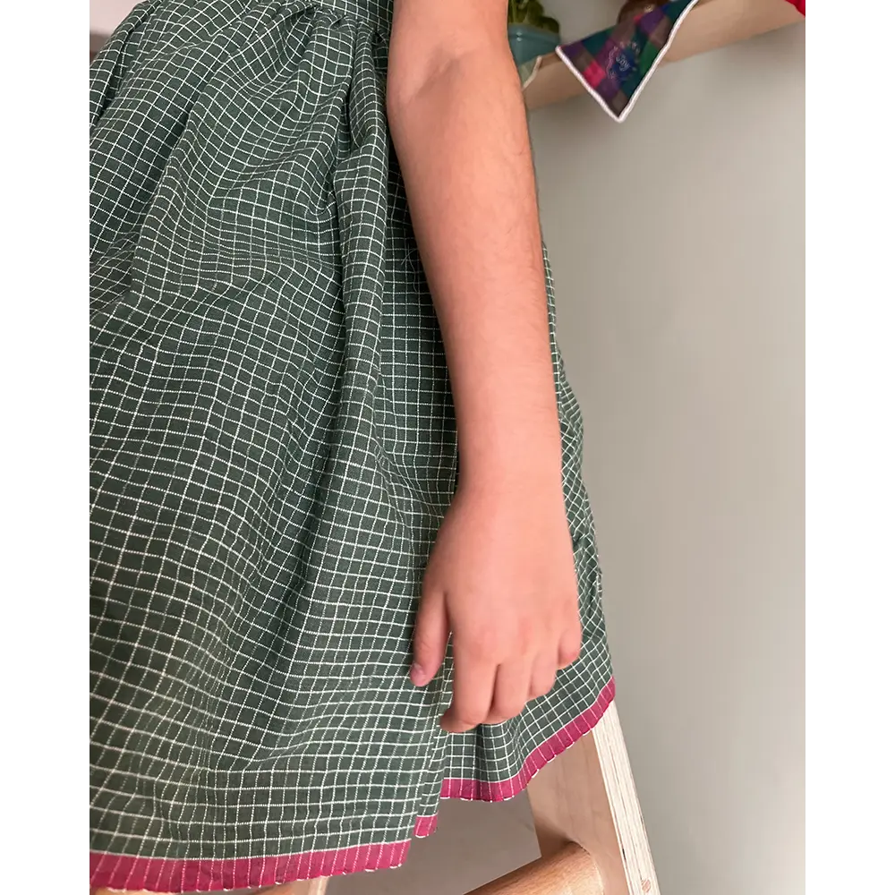 Love The World Today Bloom Handmade Green Checkered Halter Neck Girls Dress