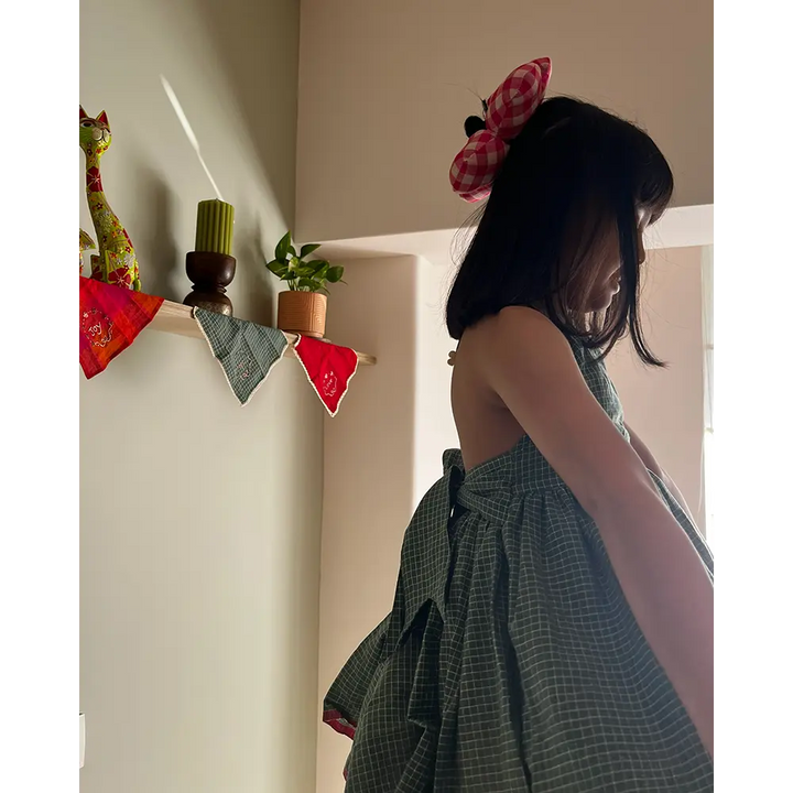 Love The World Today Bloom Handmade Green Checkered Halter Neck Girls Dress