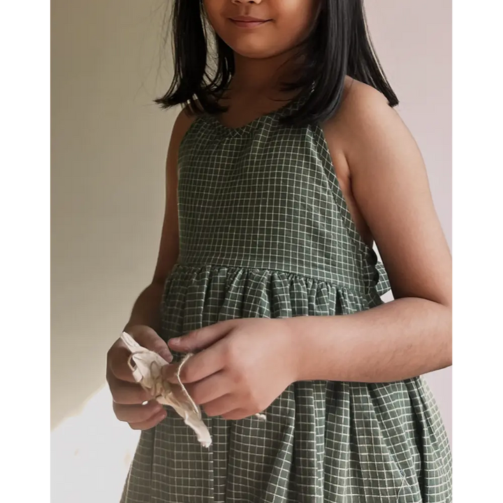 Love The World Today Bloom Handmade Green Checkered Halter Neck Girls Dress