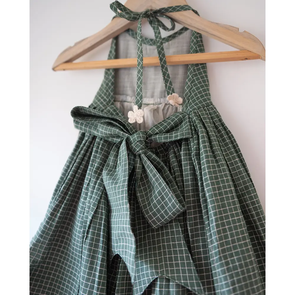 Love The World Today Bloom Handmade Green Checkered Halter Neck Girls Dress