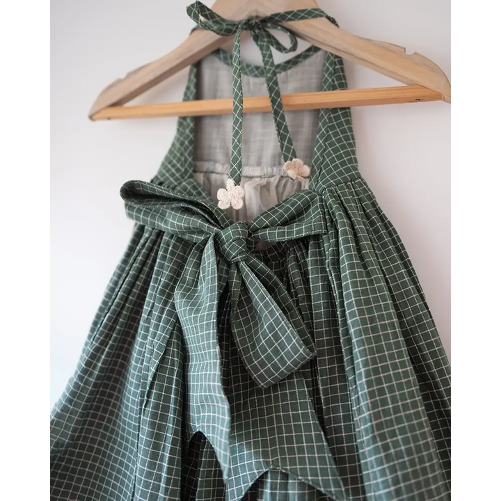 Love The World Today Bloom Handmade Green Checkered Halter Neck Girls Dress