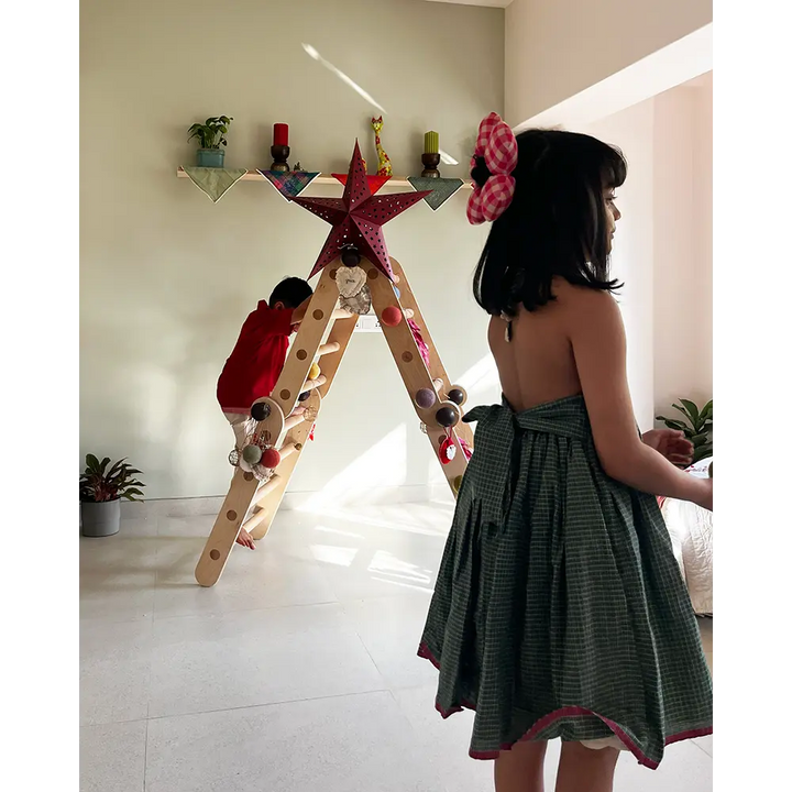 Love The World Today Bloom Handmade Green Checkered Halter Neck Girls Dress
