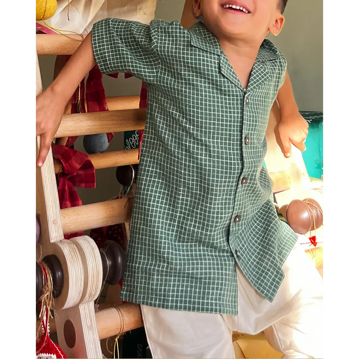 Love The World Today Boogie Green Checkered Boys Handwoven Cotton Shirt