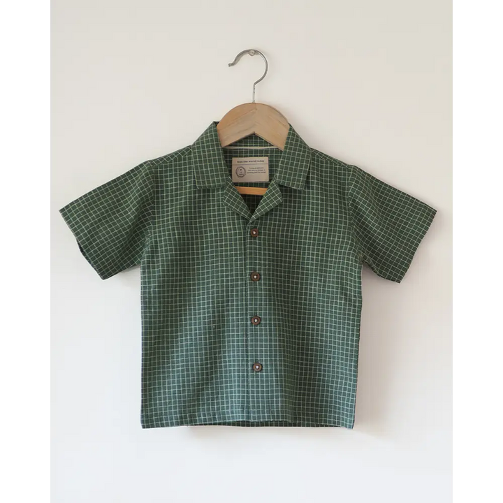 Love The World Today Boogie Green Checkered Boys Handwoven Cotton Shirt