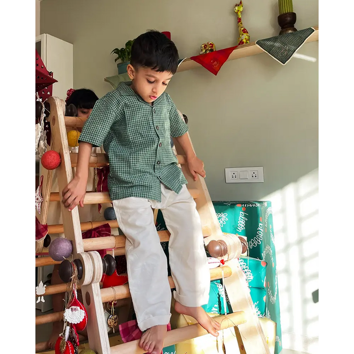 Love The World Today Boogie Green Checkered Boys Handwoven Cotton Shirt