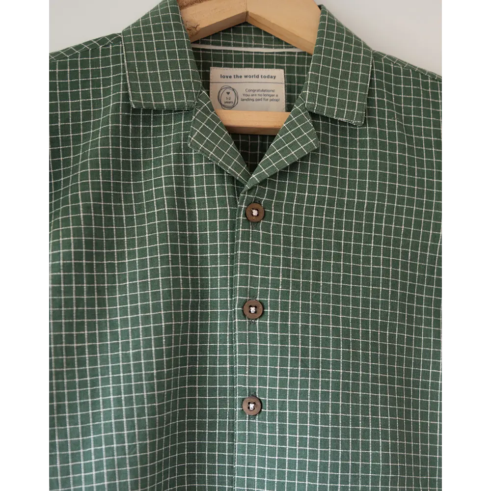 Love The World Today Boogie Green Checkered Boys Handwoven Cotton Shirt
