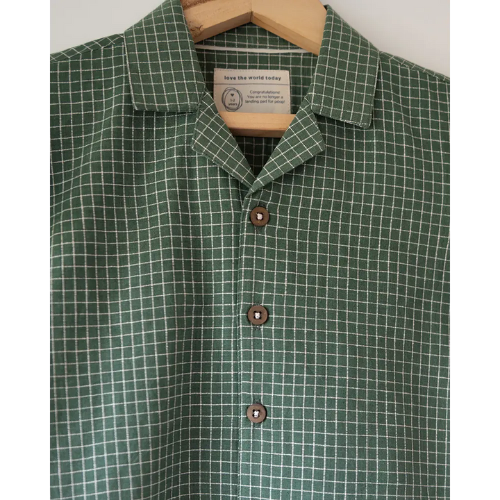 Love The World Today Boogie Green Checkered Boys Handwoven Cotton Shirt