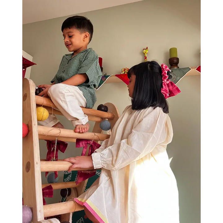 Love The World Today Boogie Green Checkered Boys Handwoven Cotton Shirt