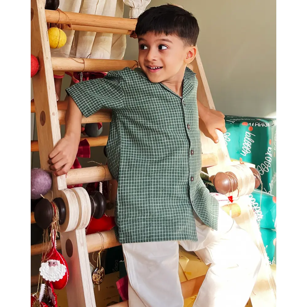 Love The World Today Boogie Green Checkered Boys Handwoven Cotton Shirt