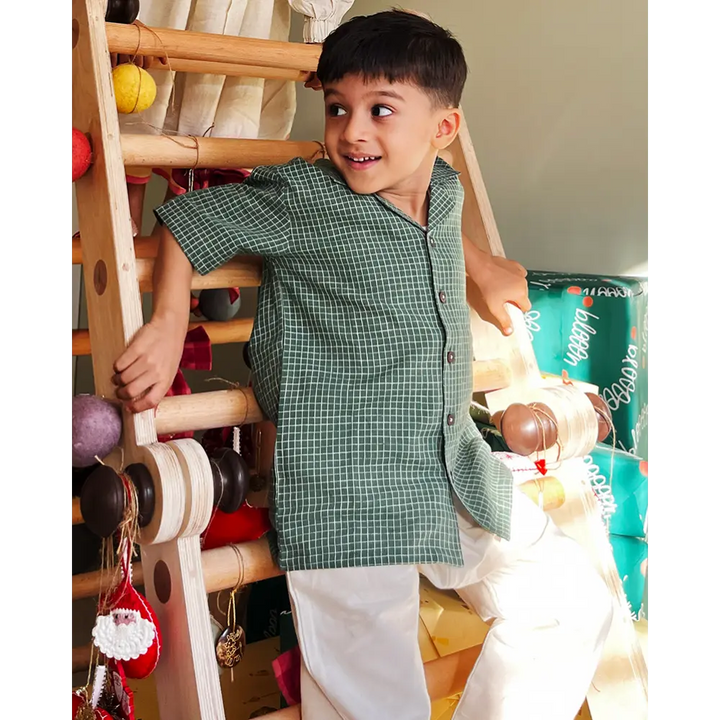 Love The World Today Boogie Green Checkered Boys Handwoven Cotton Shirt