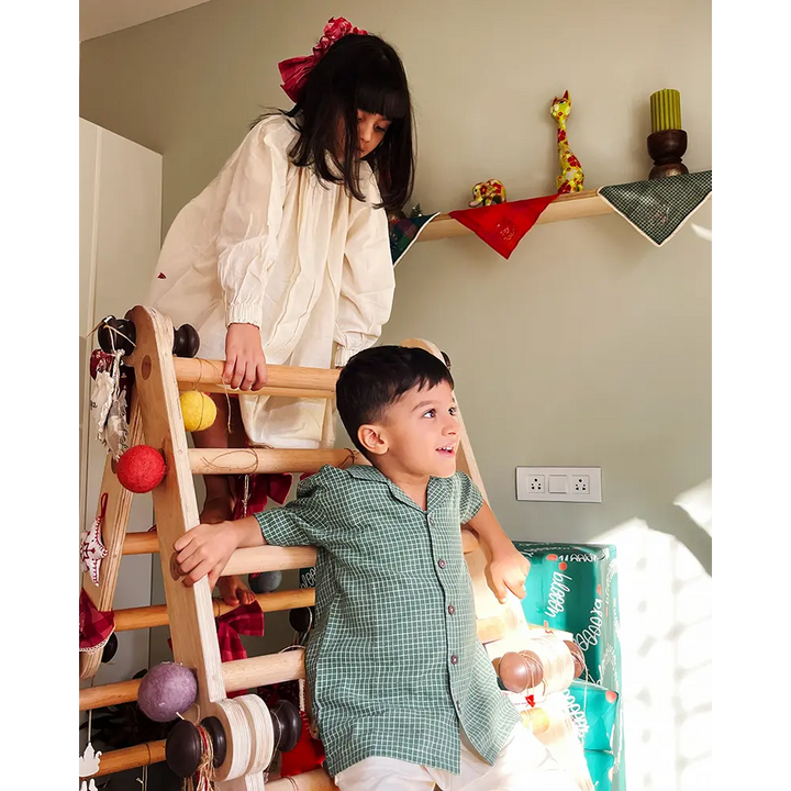 Love The World Today Boogie Green Checkered Boys Handwoven Cotton Shirt