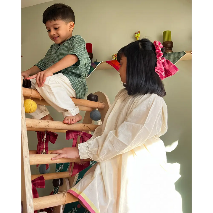 Love The World Today Boogie Green Checkered Boys Handwoven Cotton Shirt