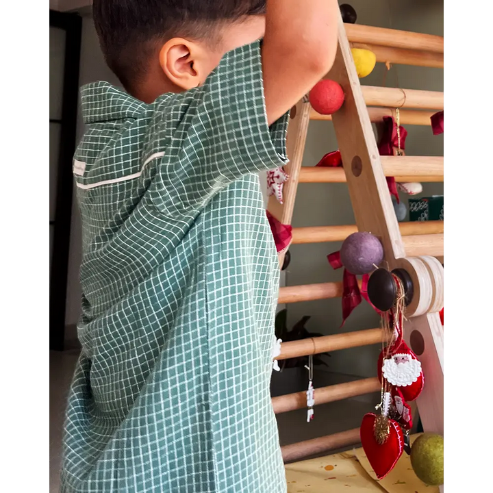 Love The World Today Boogie Green Checkered Boys Handwoven Cotton Shirt