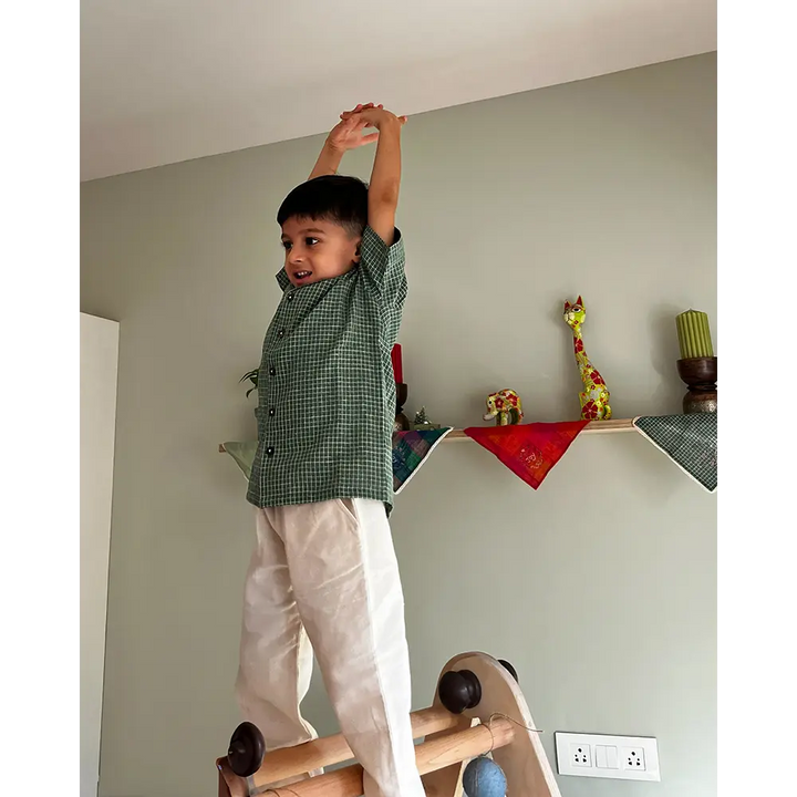 Love The World Today Boogie Green Checkered Boys Handwoven Cotton Shirt