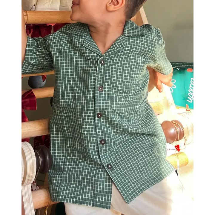 Love The World Today Boogie Green Checkered Boys Handwoven Cotton Shirt