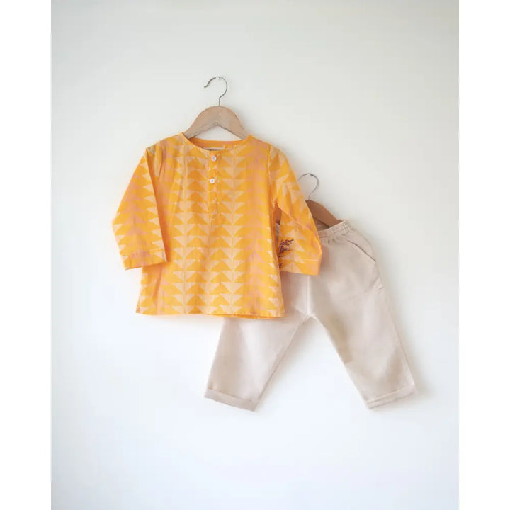 Love The World Today Chandan Mustard Yellow Chevron Cotton Kurta For Boys