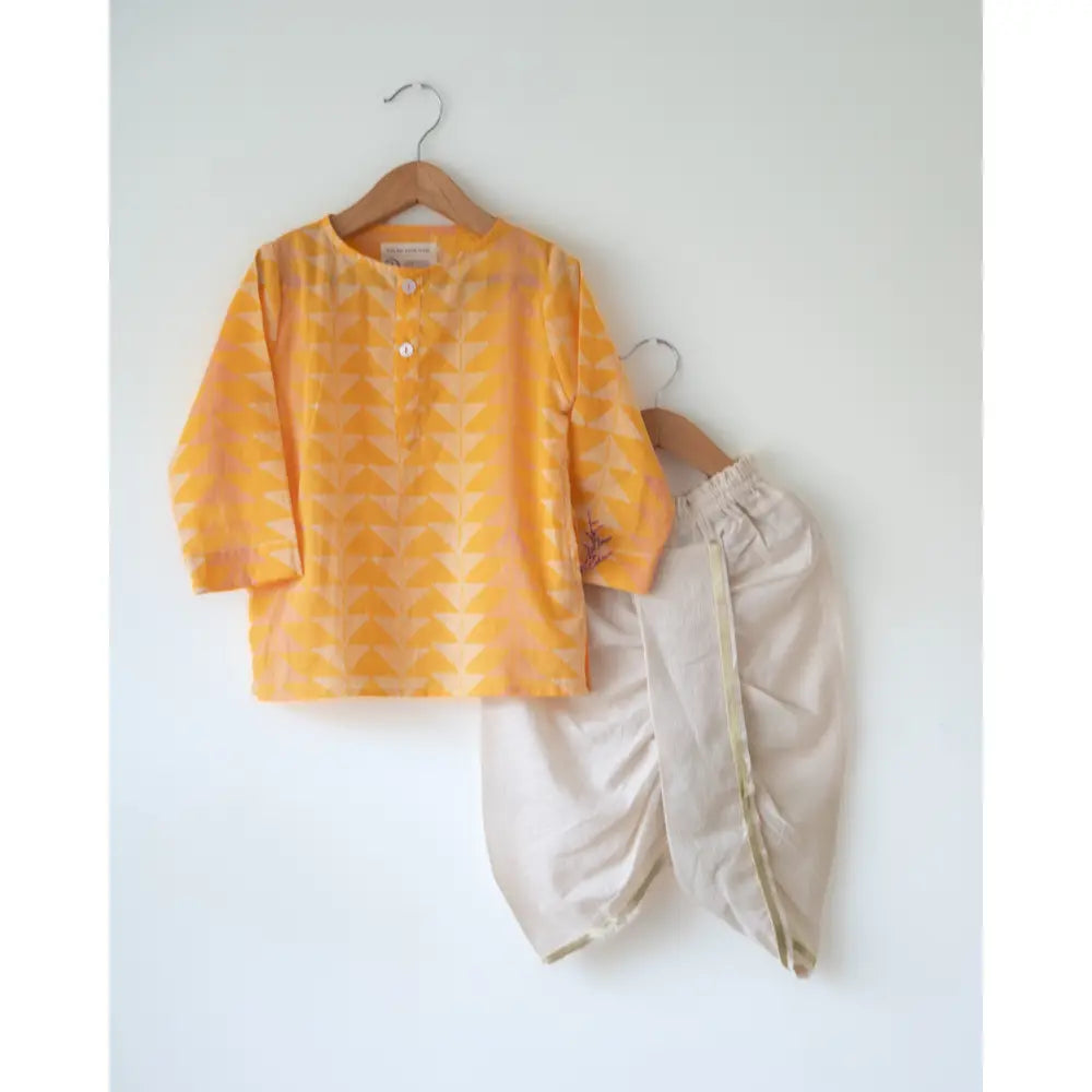 Love The World Today Chandan Mustard Yellow Chevron Cotton Kurta For Boys
