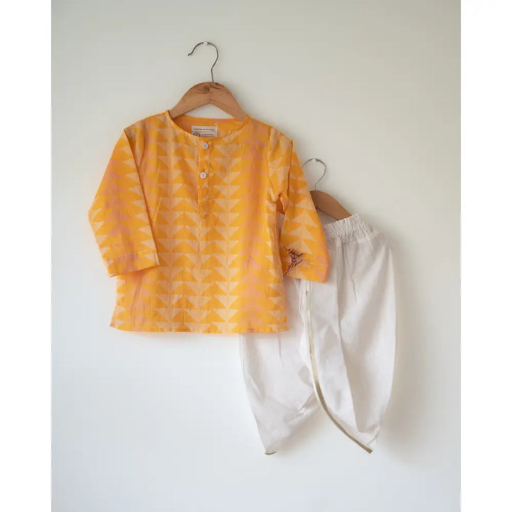 Love The World Today Chandan Mustard Yellow Chevron Cotton Kurta For Boys