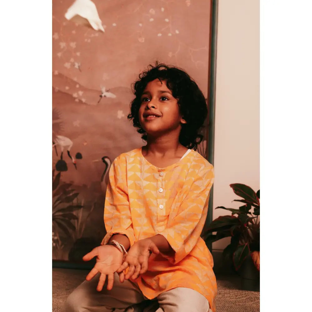 Love The World Today Chandan Mustard Yellow Chevron Cotton Kurta For Boys