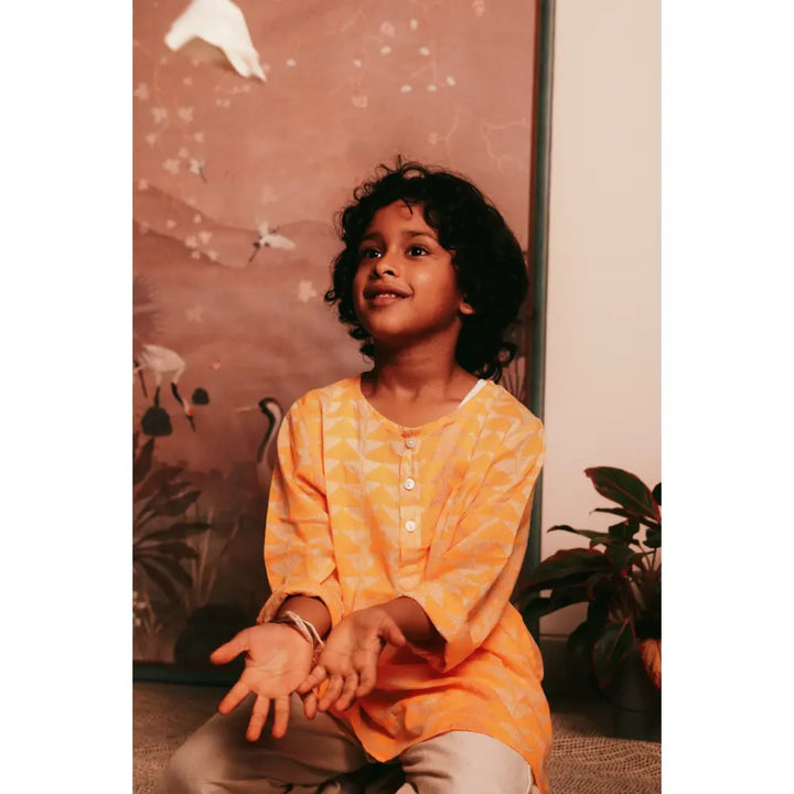 Love The World Today Chandan Mustard Yellow Chevron Cotton Kurta For Boys