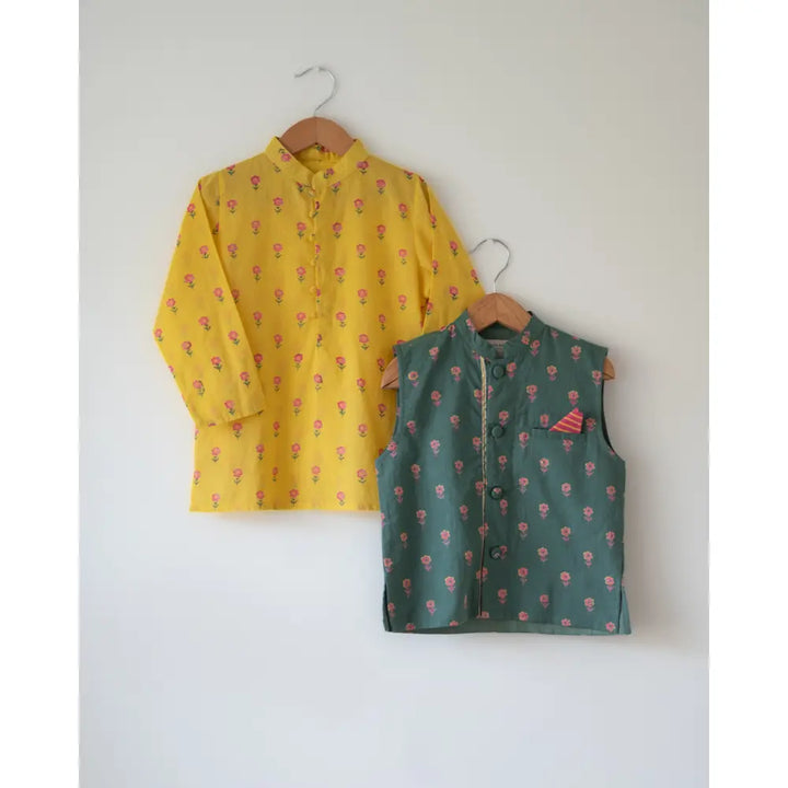Love The World Today Meera Yellow Flower Booti Cotton Kurta For Boys