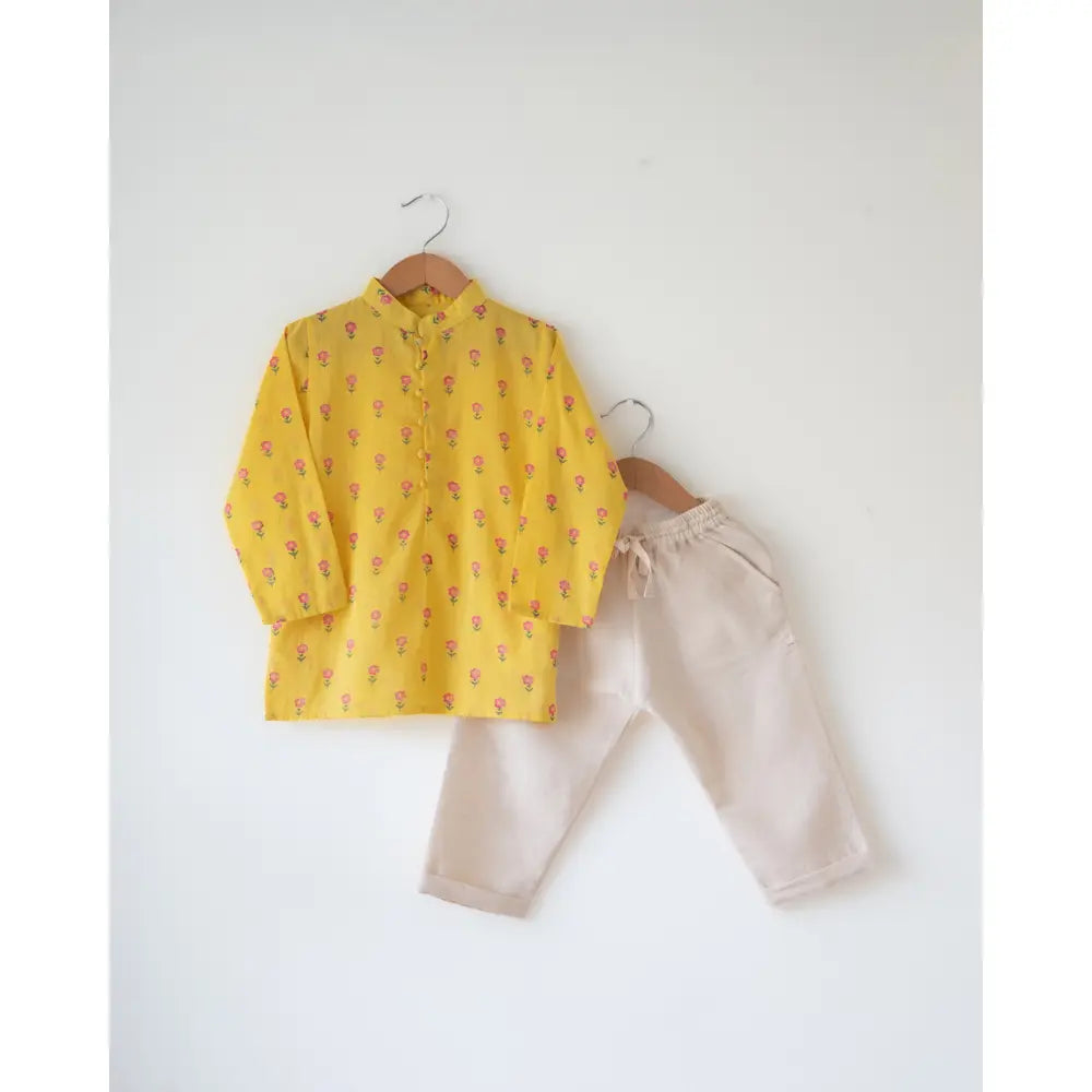 Love The World Today Meera Yellow Flower Booti Cotton Kurta For Boys