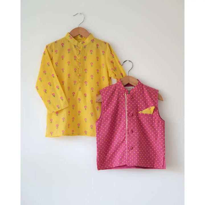 Love The World Today Meera Yellow Flower Booti Cotton Kurta For Boys