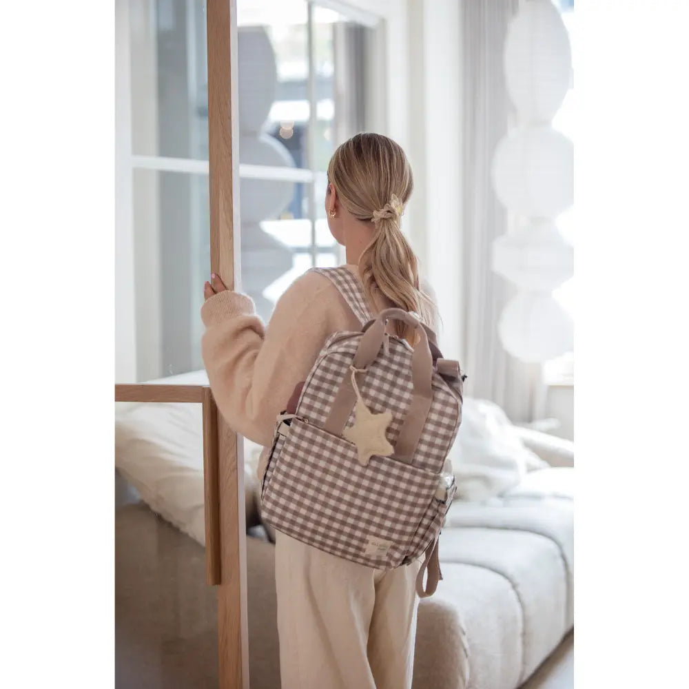 Walking Mum Diaper Backpack with Changing Pad, Large Capacity, Water-Resistant with Multi-Pocket Organizer, Insulated Bottle Pocket, Shoulder &amp; Stroller Straps, Personalized Charm, Checkered Print - Sand