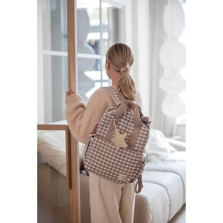 Walking Mum Diaper Backpack with Changing Pad, Large Capacity, Water-Resistant with Multi-Pocket Organizer, Insulated Bottle Pocket, Shoulder &amp; Stroller Straps, Personalized Charm, Checkered Print - Sand
