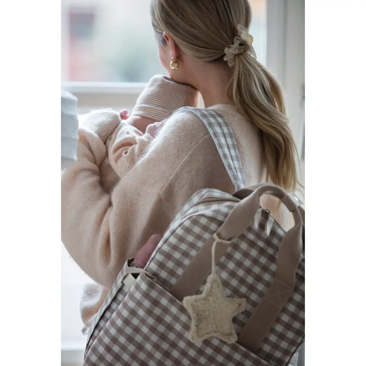 Walking Mum Diaper Backpack with Changing Pad, Large Capacity, Water-Resistant with Multi-Pocket Organizer, Insulated Bottle Pocket, Shoulder &amp; Stroller Straps, Personalized Charm, Checkered Print - Sand