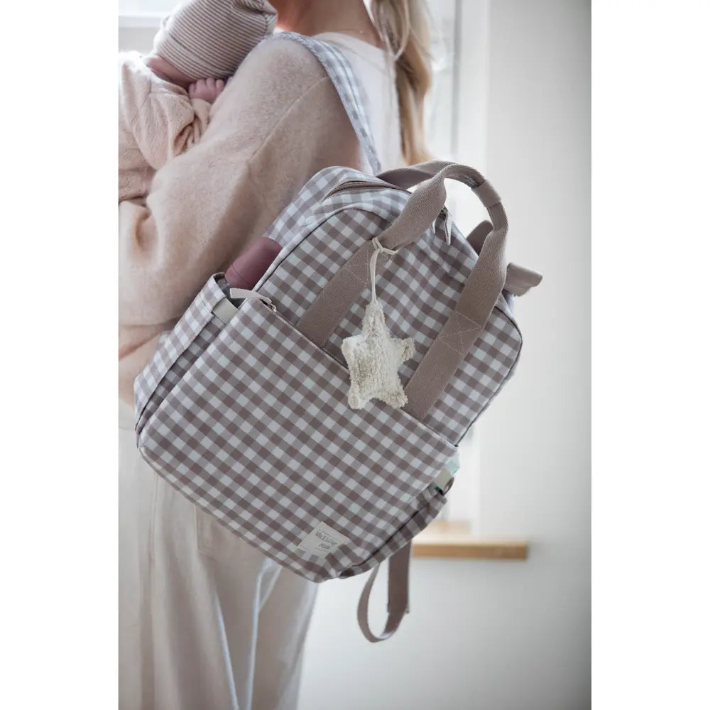 Walking Mum Diaper Backpack with Changing Pad, Large Capacity, Water-Resistant with Multi-Pocket Organizer, Insulated Bottle Pocket, Shoulder &amp; Stroller Straps, Personalized Charm, Checkered Print - Sand