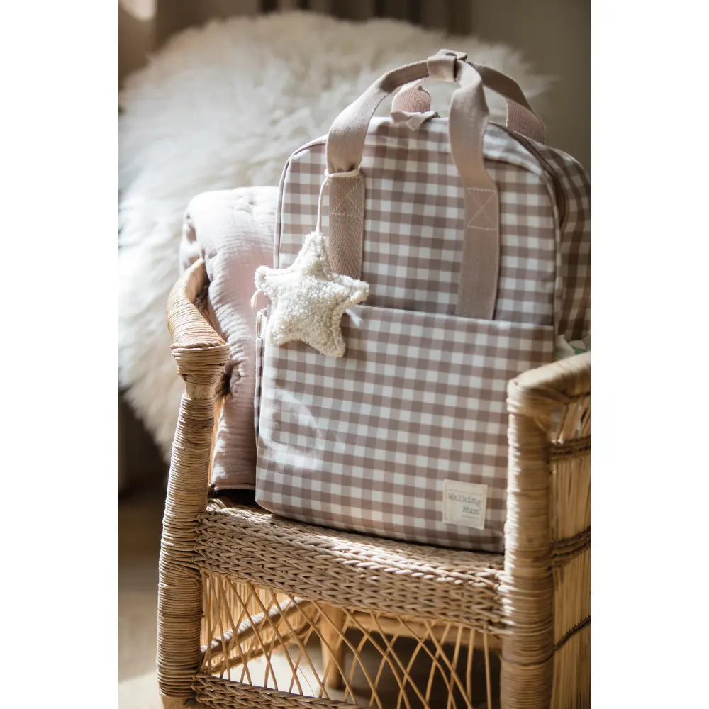 Walking Mum Diaper Backpack with Changing Pad, Large Capacity, Water-Resistant with Multi-Pocket Organizer, Insulated Bottle Pocket, Shoulder &amp; Stroller Straps, Personalized Charm, Checkered Print - Sand