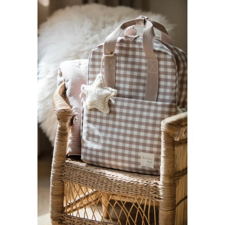 Walking Mum Diaper Backpack with Changing Pad, Large Capacity, Water-Resistant with Multi-Pocket Organizer, Insulated Bottle Pocket, Shoulder &amp; Stroller Straps, Personalized Charm, Checkered Print - Sand