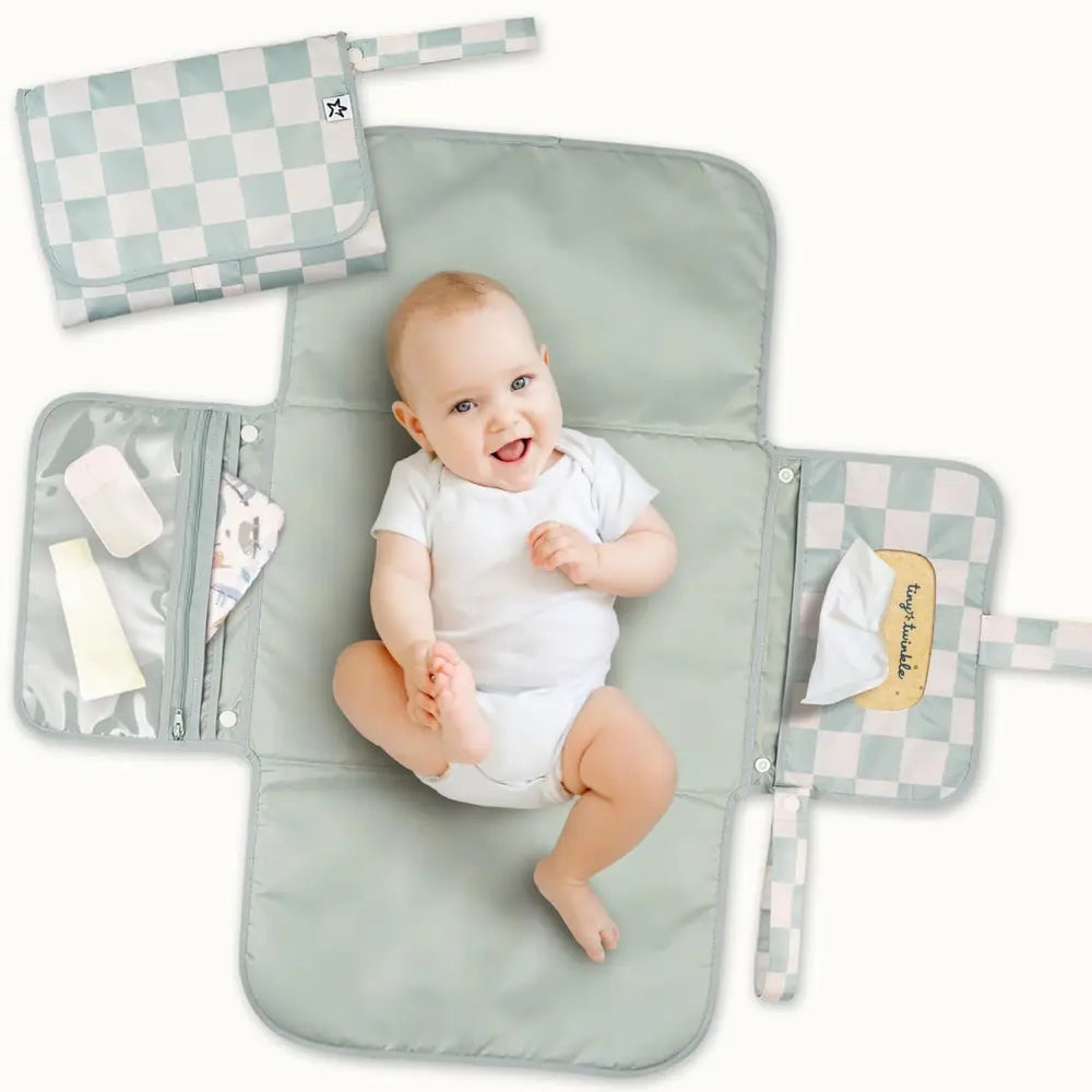 Tiny Twinkle Portable Diaper Changing Pad - Sage Checkers