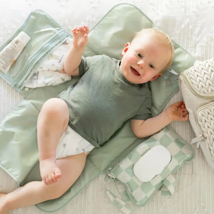 Tiny Twinkle Portable Diaper Changing Pad - Sage Checkers
