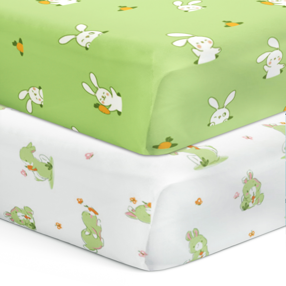 The White Cradle Flat Bed Sheet for Baby Cot &amp; Mattress - White &amp; Green Bunny (Pack of 2)