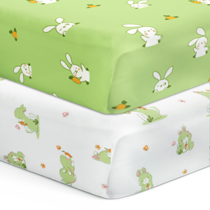 The White Cradle Flat Bed Sheet for Baby Cot &amp; Mattress - White &amp; Green Bunny (Pack of 2)