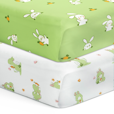 The White Cradle Flat Bed Sheet for Baby Cot & Mattress - White & Green Bunny (Pack of 2)