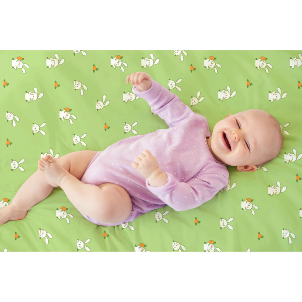 The White Cradle Flat Bed Sheet for Baby Cot &amp; Mattress - White &amp; Green Bunny (Pack of 2)