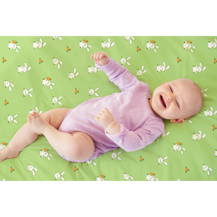 The White Cradle Flat Bed Sheet for Baby Cot &amp; Mattress - White &amp; Green Bunny (Pack of 2)