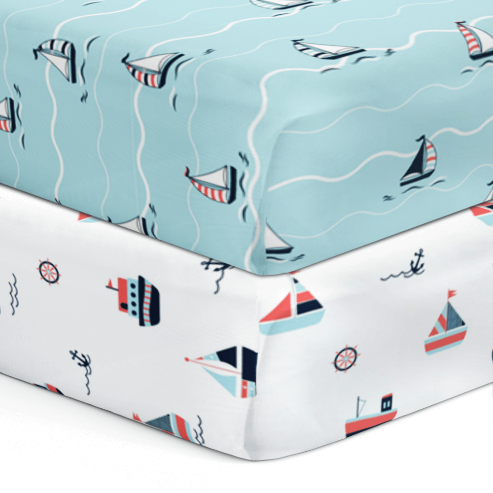The White Cradle Flat Bed Sheet for Baby Cot &amp; Mattress - Yacht and Yacht Blotch (Pack of 2)