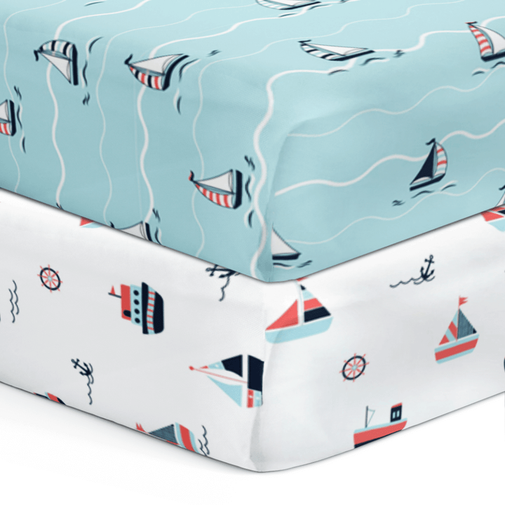 The White Cradle Flat Bed Sheet for Baby Cot &amp; Mattress - Yacht and Yacht Blotch (Pack of 2)