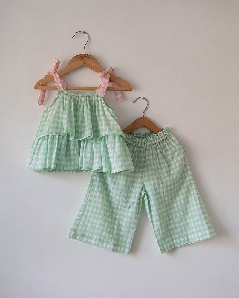 Love The World Today Wander Co-Ord Set In Sage Green Rhombus For Girls