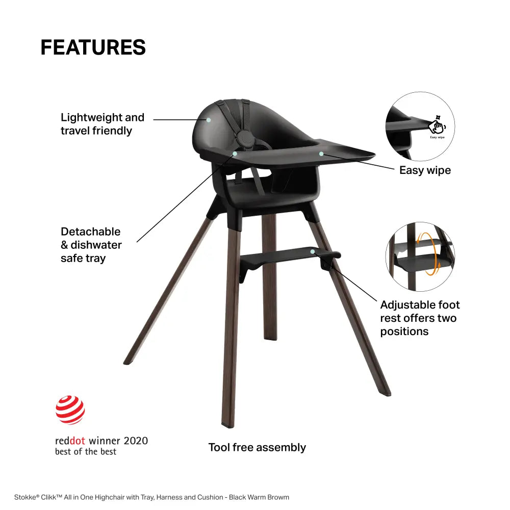 Stokke® Clikk™ High Chair - Black Warm Brown with Cushion and Travel Bag, Lightweight Portable Highchair for Baby and Toddler, Tool-Free Assembly, Easy to Clean, 5-Point Harness (6 to 36 Months) - Black Warm Brown/Nordic Grey