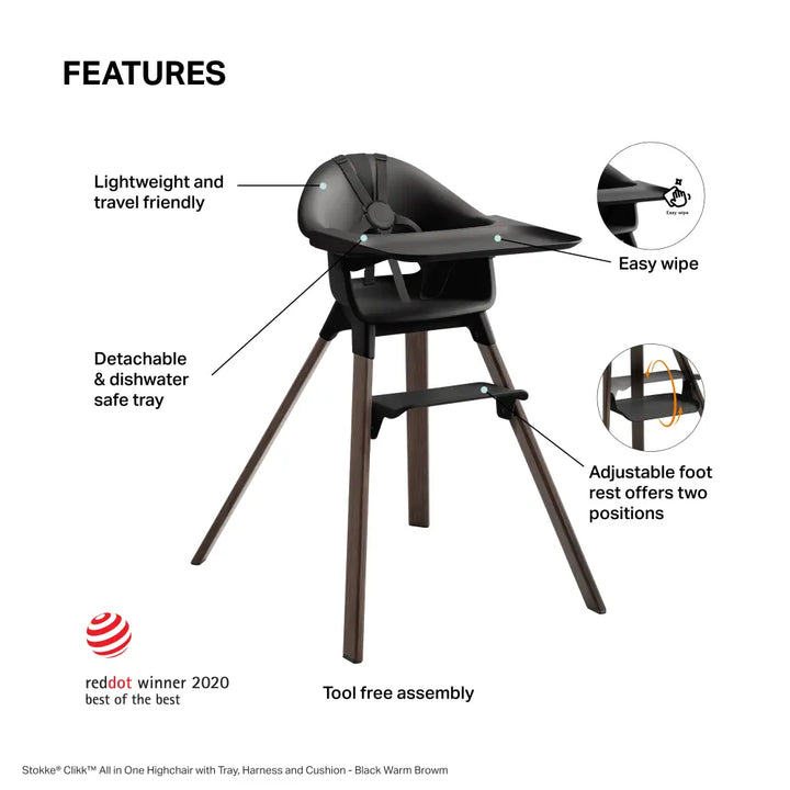 Stokke® Clikk™ High Chair - Black Warm Brown with Cushion and Travel Bag, Lightweight Portable Highchair for Baby and Toddler, Tool-Free Assembly, Easy to Clean, 5-Point Harness (6 to 36 Months) - Black Warm Brown/Multi Circles