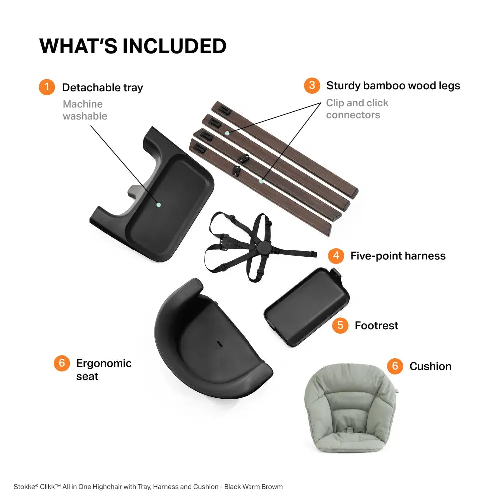 Stokke® Clikk™ High Chair - Black Warm Brown with Cushion and Travel Bag, Lightweight Portable Highchair for Baby and Toddler, Tool-Free Assembly, Easy to Clean, 5-Point Harness (6 to 36 Months) - Black Warm Brown/Glacier Green