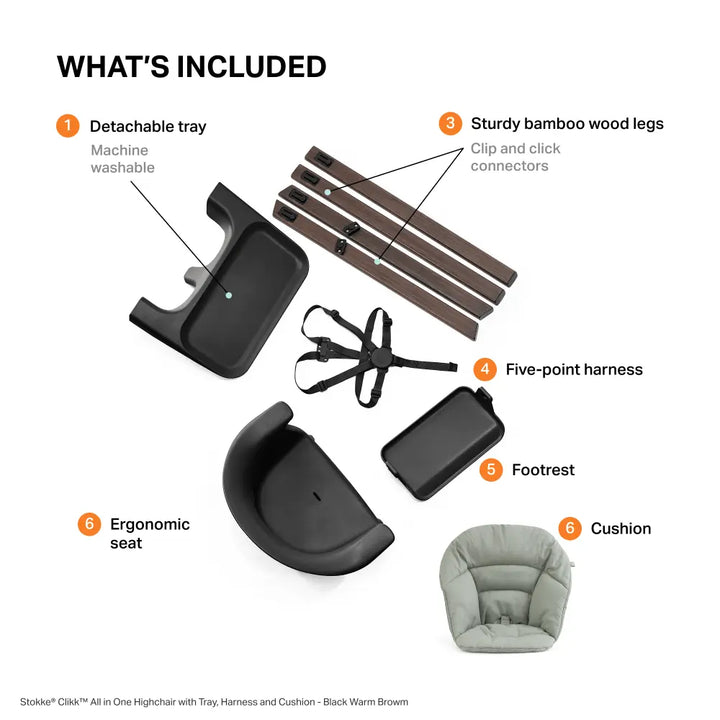 Stokke® Clikk™ High Chair - Black Warm Brown with Cushion and Travel Bag, Lightweight Portable Highchair for Baby and Toddler, Tool-Free Assembly, Easy to Clean, 5-Point Harness (6 to 36 Months) - Black Warm Brown/Glacier Green
