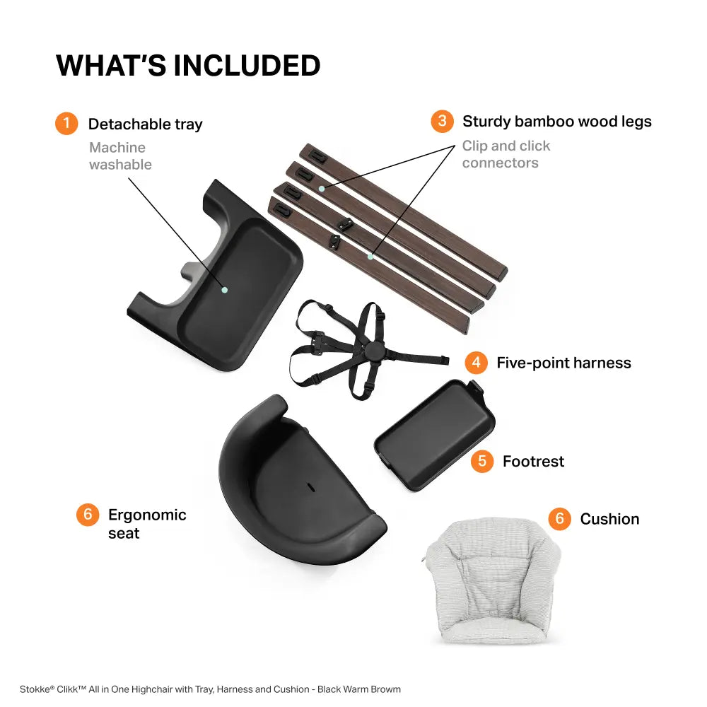 Stokke® Clikk™ High Chair - Black Warm Brown with Cushion and Travel Bag, Lightweight Portable Highchair for Baby and Toddler, Tool-Free Assembly, Easy to Clean, 5-Point Harness (6 to 36 Months) - Black Warm Brown/Nordic Grey